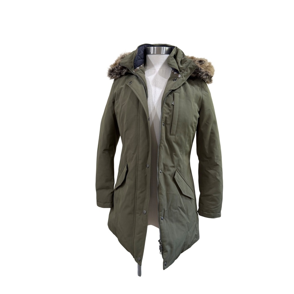 Barbour Elper Waterproof Parka Jacket Olive Green Faux Fur Hood US 4